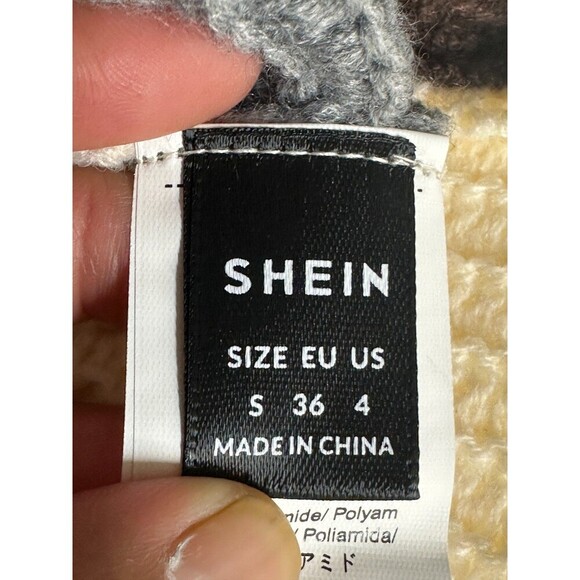 SHEIN Colorblock Knit Crop Sweater Women’s S White Brown Gray Acrylic Top - Picture 3 of 8